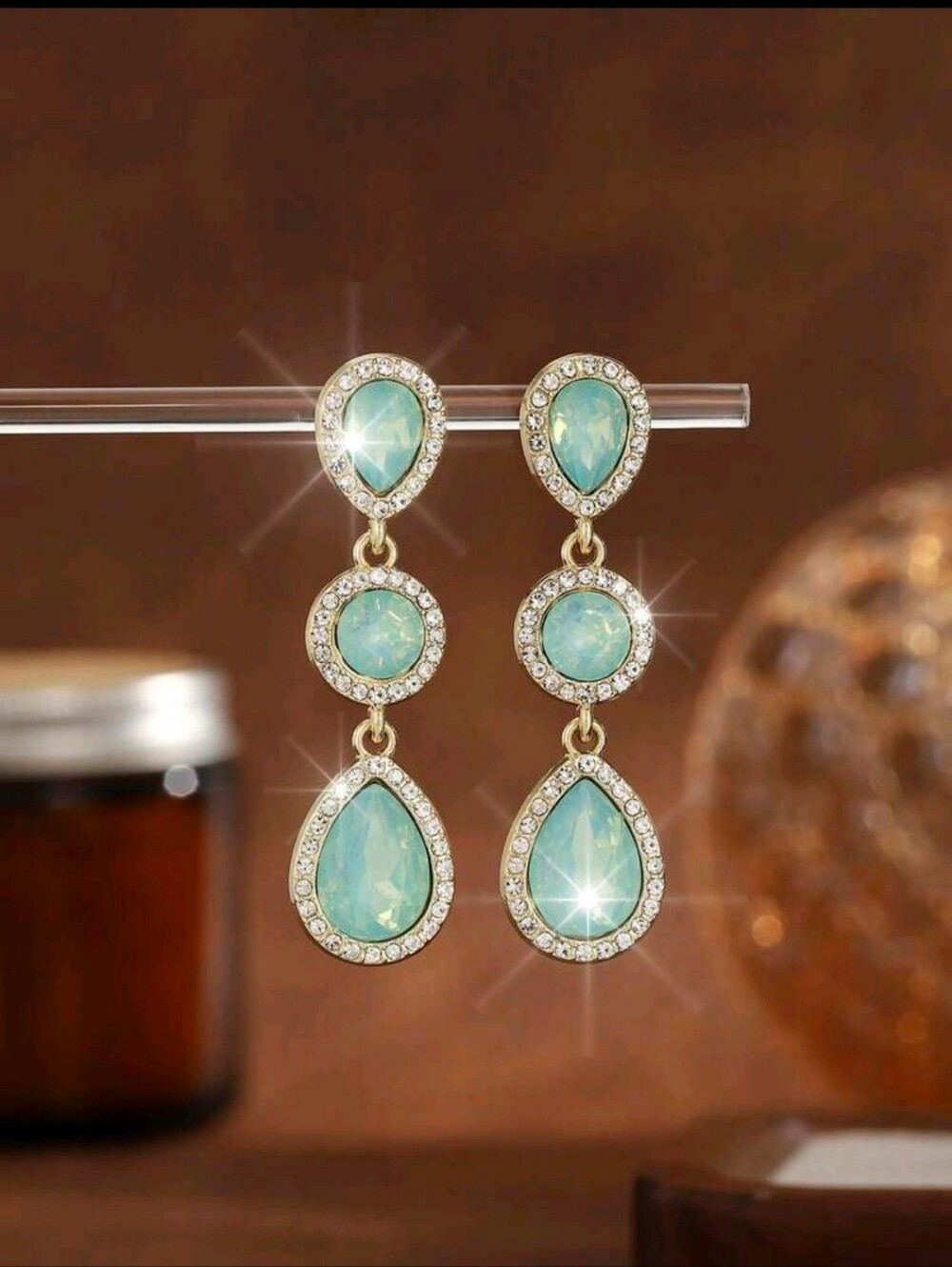 BRAND NEW ** Gold-Tone Mint Teardrop Drop Earrings with Crystal Halo